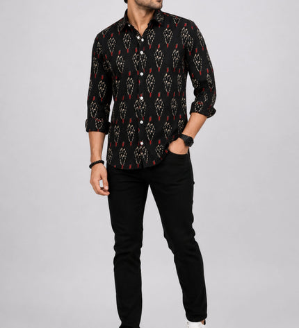 Men's Black Ethnic Ikat Printed Casual Shirt with Full Sleeves