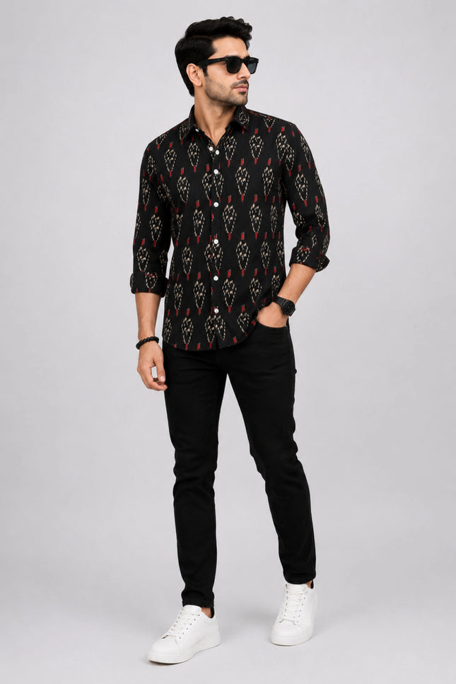 Men's Black Ethnic Ikat Printed Casual Shirt with Full Sleeves