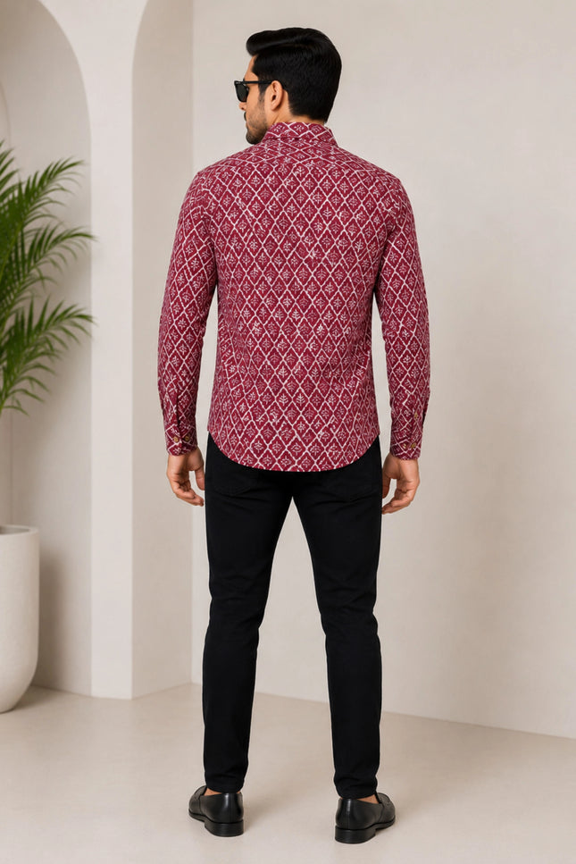 Men's Maroon Ethnic Geometric Printed Casual Shirt