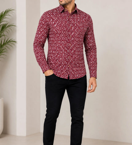 Men's Maroon Ethnic Geometric Printed Casual Shirt