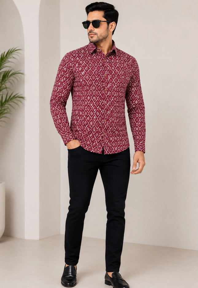 Men's Maroon Ethnic Geometric Printed Casual Shirt
