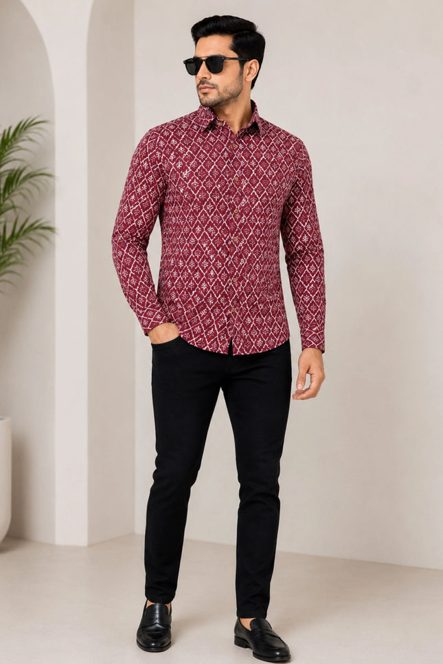 Men's Maroon Ethnic Geometric Printed Casual Shirt