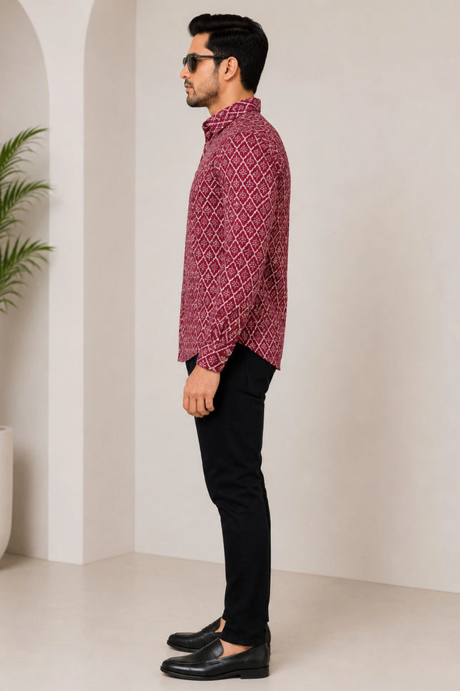 Men's Maroon Ethnic Geometric Printed Casual Shirt