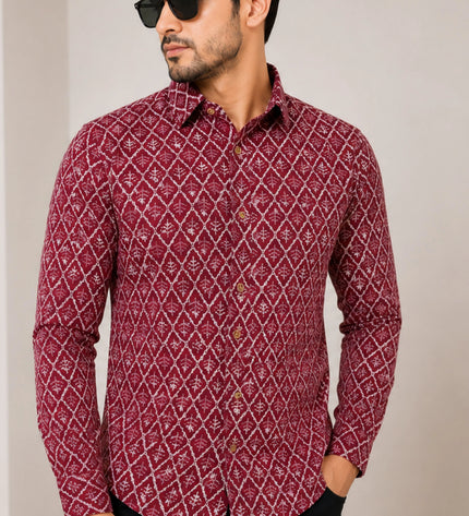 Men's Maroon Ethnic Geometric Printed Casual Shirt