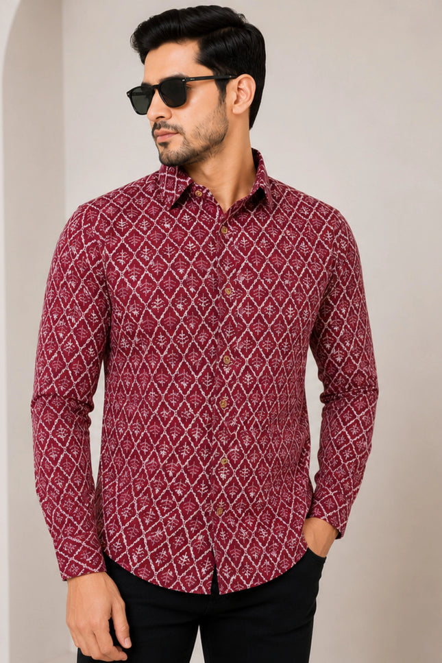 Men's Maroon Ethnic Geometric Printed Casual Shirt