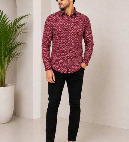 Men's Maroon Ethnic Geometric Printed Casual Shirt