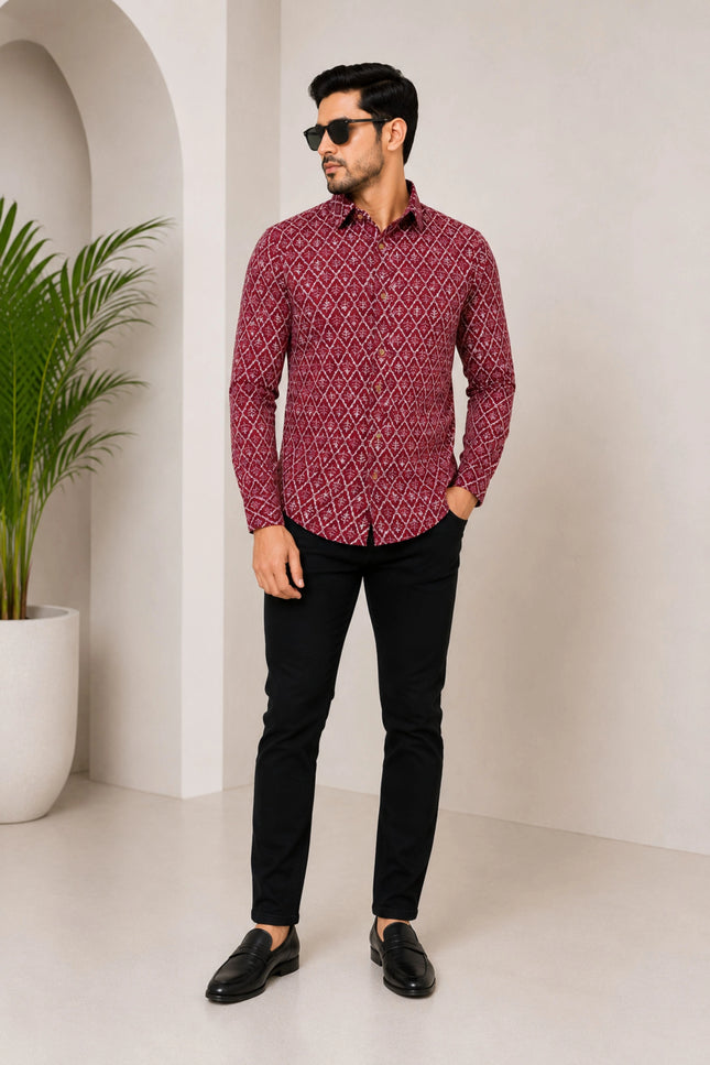 Men's Maroon Ethnic Geometric Printed Casual Shirt