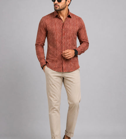 Men's Rust Brown Geometric Printed Casual Shirt