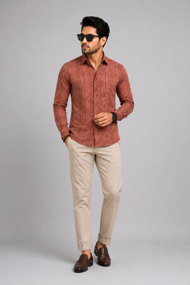 Men's Rust Brown Geometric Printed Casual Shirt