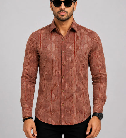 Men's Rust Brown Geometric Printed Casual Shirt