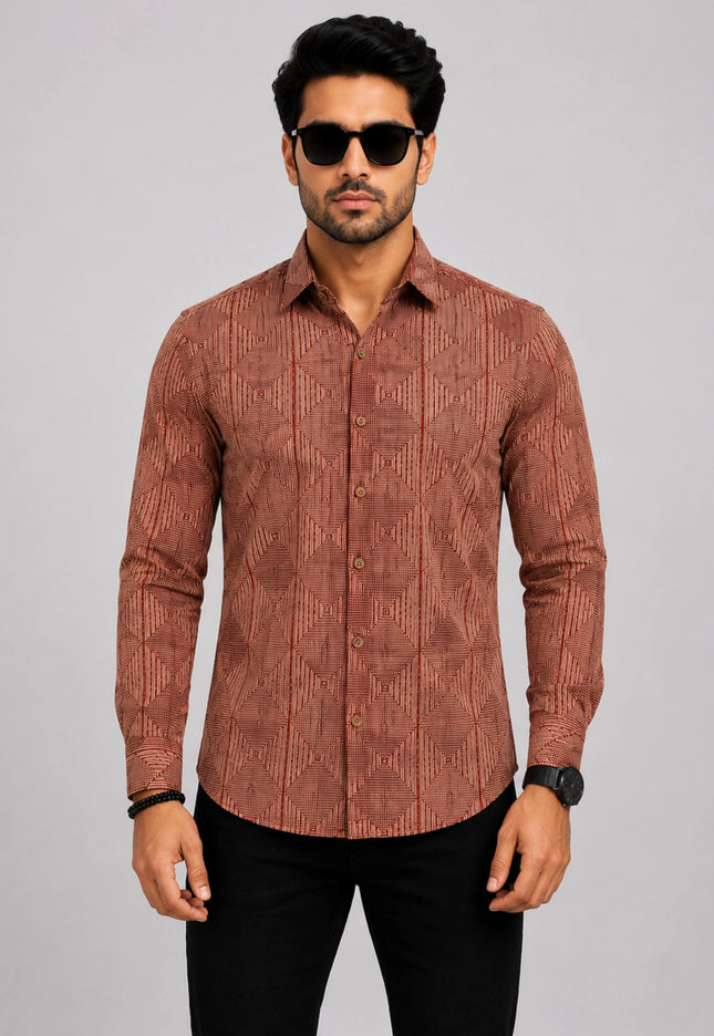 Men's Rust Brown Geometric Printed Casual Shirt