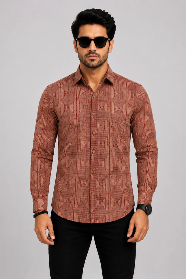 Men's Rust Brown Geometric Printed Casual Shirt