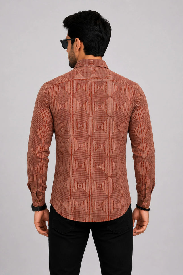 Men's Rust Brown Geometric Printed Casual Shirt
