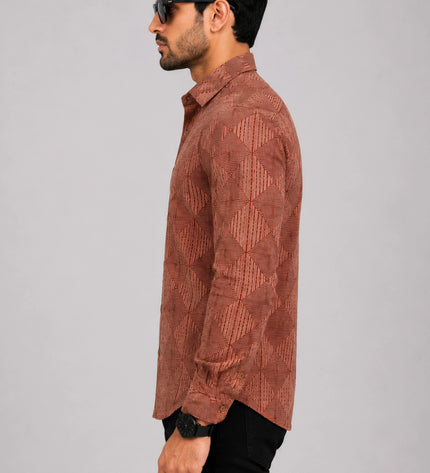 Men's Rust Brown Geometric Printed Casual Shirt