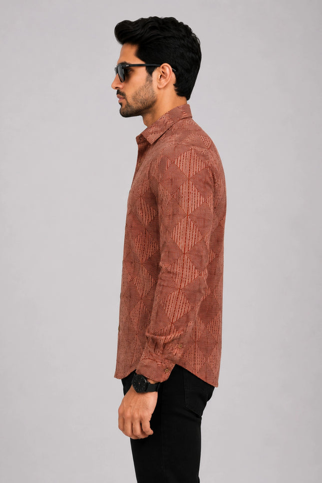 Men's Rust Brown Geometric Printed Casual Shirt