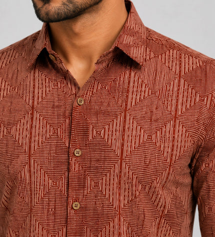 Men's Rust Brown Geometric Printed Casual Shirt