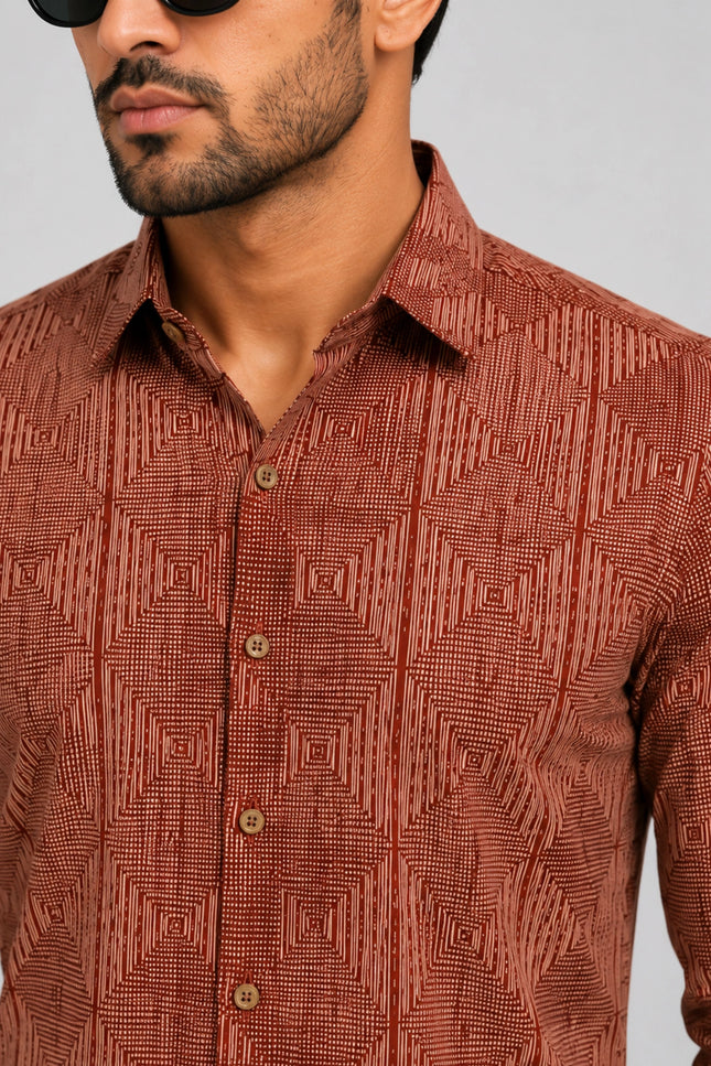 Men's Rust Brown Geometric Printed Casual Shirt