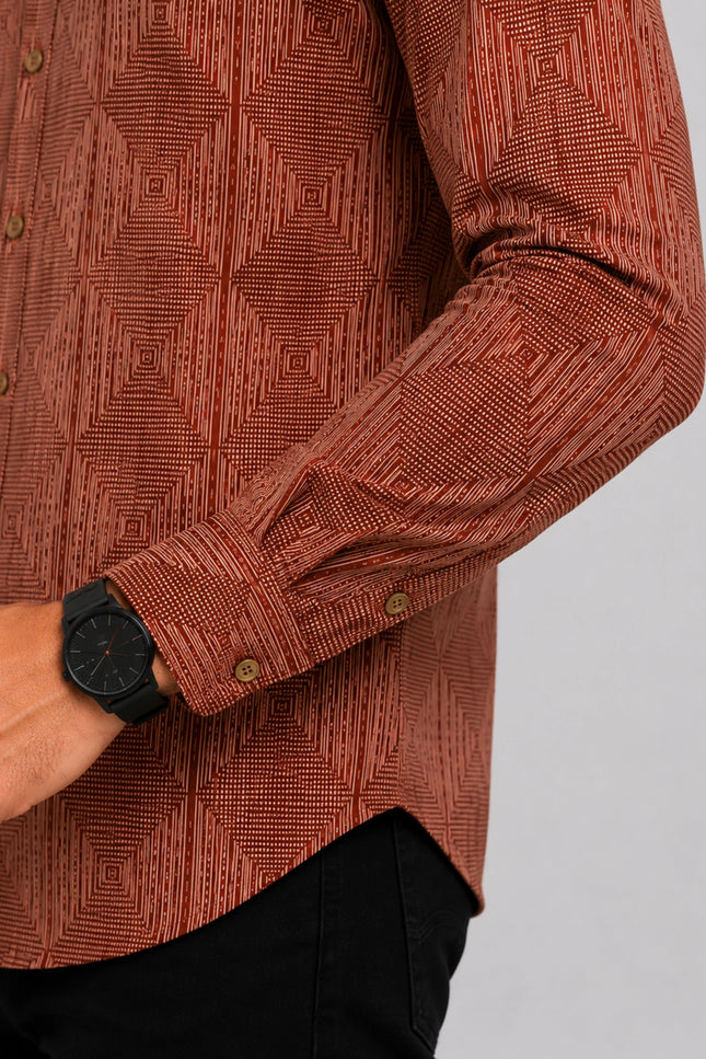 Men's Rust Brown Geometric Printed Casual Shirt