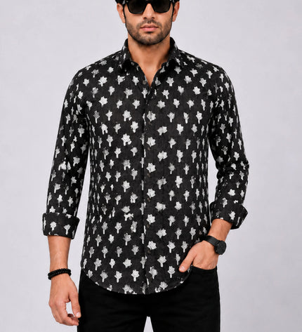 Men's Black Ethnic Motif Printed Casual Shirt with Full Sleeves
