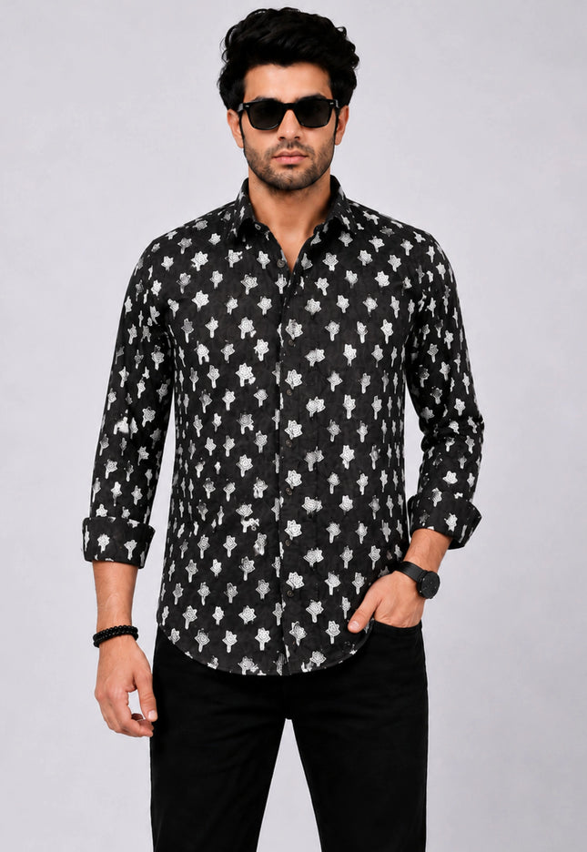 Men's Black Ethnic Motif Printed Casual Shirt with Full Sleeves