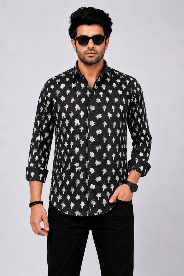 Men's Black Ethnic Motif Printed Casual Shirt with Full Sleeves