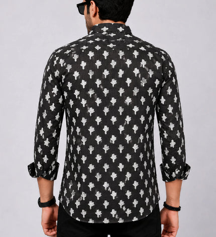 Men's Black Ethnic Motif Printed Casual Shirt with Full Sleeves