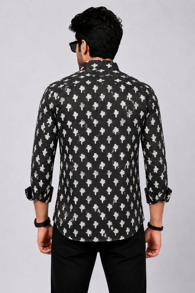 Men's Black Ethnic Motif Printed Casual Shirt with Full Sleeves
