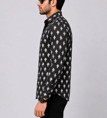 Men's Black Ethnic Motif Printed Casual Shirt with Full Sleeves