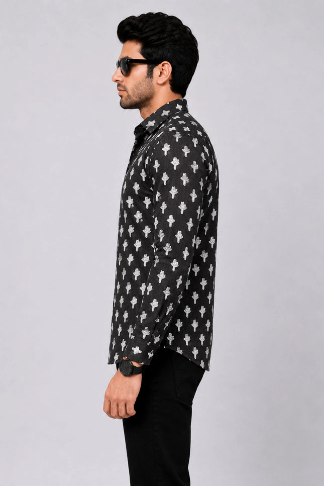 Men's Black Ethnic Motif Printed Casual Shirt with Full Sleeves