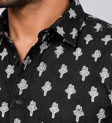 Men's Black Ethnic Motif Printed Casual Shirt with Full Sleeves