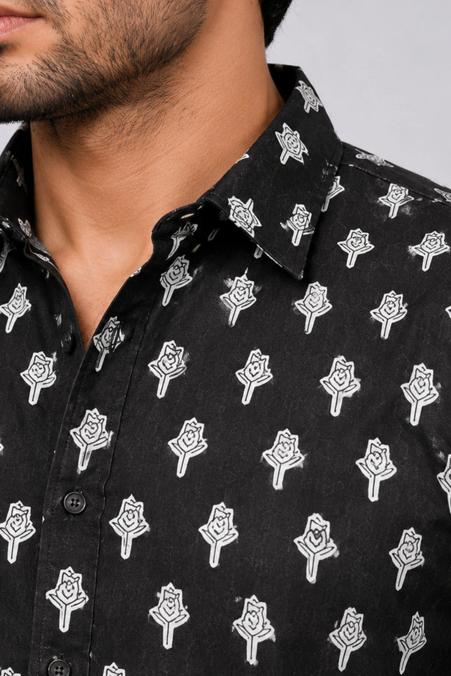 Men's Black Ethnic Motif Printed Casual Shirt with Full Sleeves