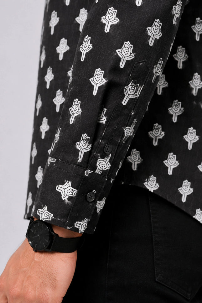 Men's Black Ethnic Motif Printed Casual Shirt with Full Sleeves