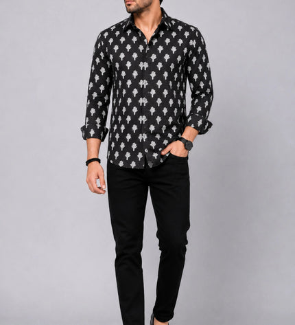Men's Black Ethnic Motif Printed Casual Shirt with Full Sleeves