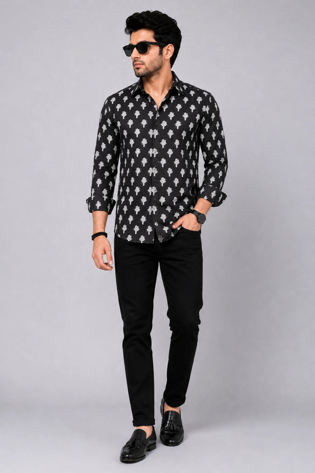Men's Black Ethnic Motif Printed Casual Shirt with Full Sleeves