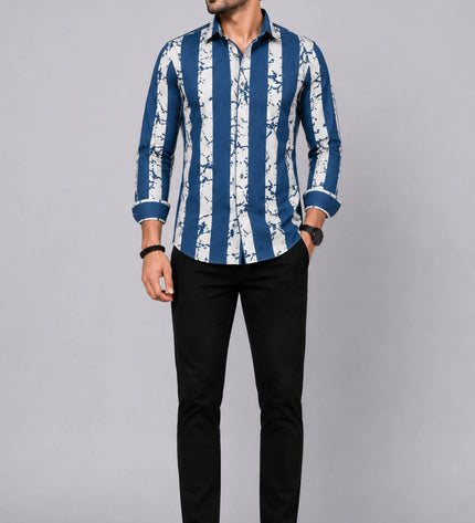 Men's Navy Blue & White Abstract Vertical Striped Casual Shirt with Full Sleeves