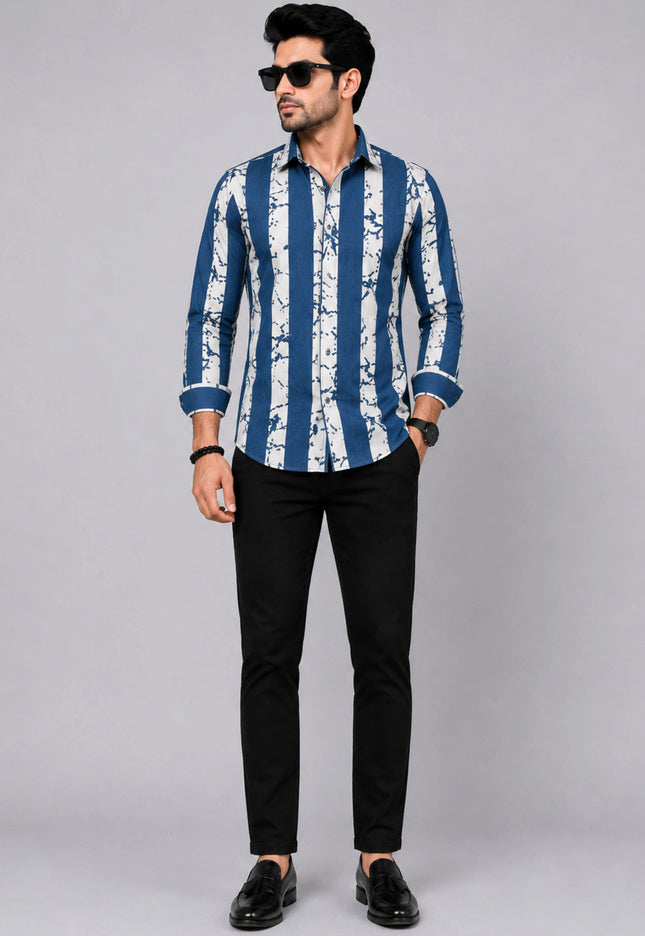 Men's Navy Blue & White Abstract Vertical Striped Casual Shirt with Full Sleeves