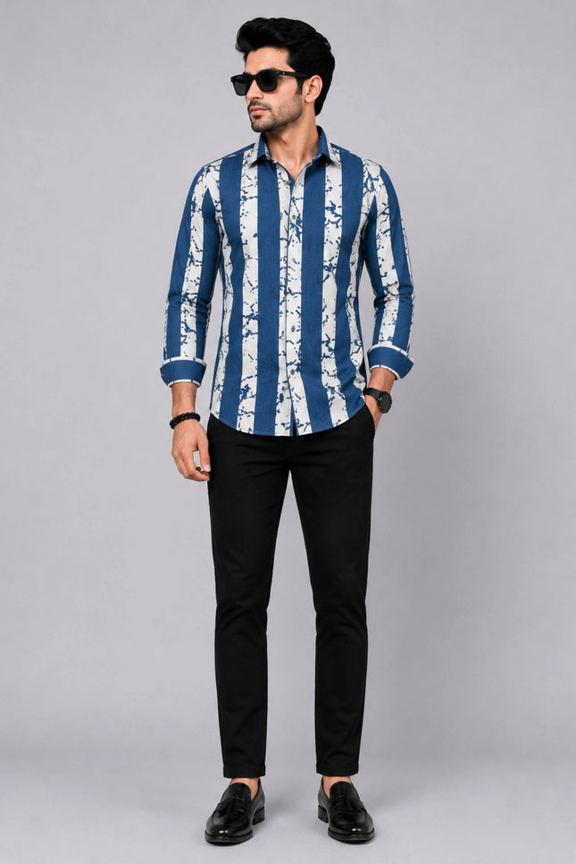 Men's Navy Blue & White Abstract Vertical Striped Casual Shirt with Full Sleeves