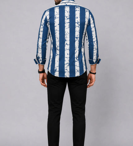 Men's Navy Blue & White Abstract Vertical Striped Casual Shirt with Full Sleeves