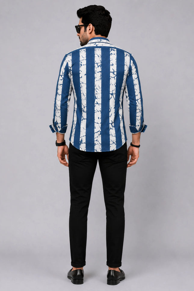 Men's Navy Blue & White Abstract Vertical Striped Casual Shirt with Full Sleeves