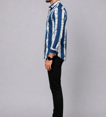 Men's Navy Blue & White Abstract Vertical Striped Casual Shirt with Full Sleeves