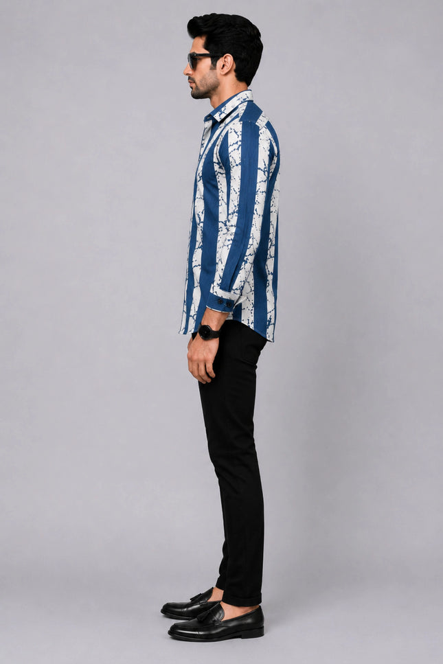 Men's Navy Blue & White Abstract Vertical Striped Casual Shirt with Full Sleeves