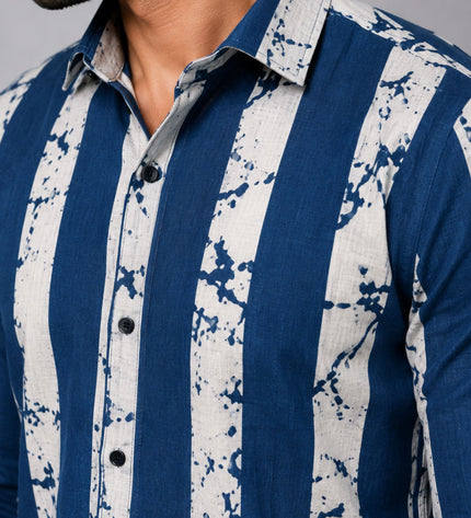 Men's Navy Blue & White Abstract Vertical Striped Casual Shirt with Full Sleeves