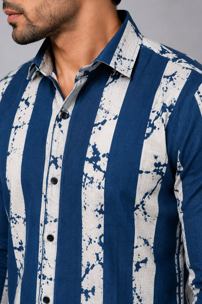 Men's Navy Blue & White Abstract Vertical Striped Casual Shirt with Full Sleeves