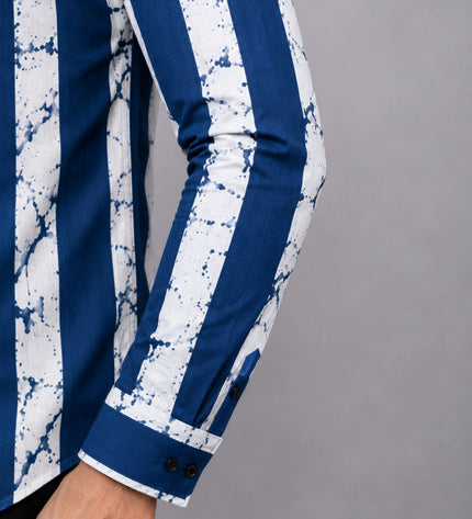 Men's Navy Blue & White Abstract Vertical Striped Casual Shirt with Full Sleeves