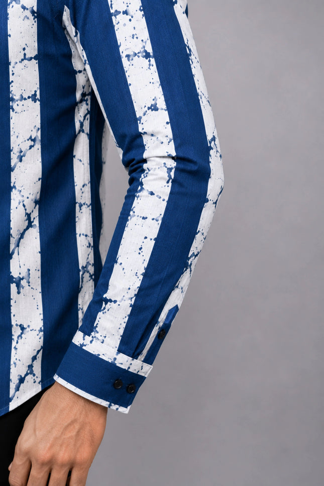 Men's Navy Blue & White Abstract Vertical Striped Casual Shirt with Full Sleeves