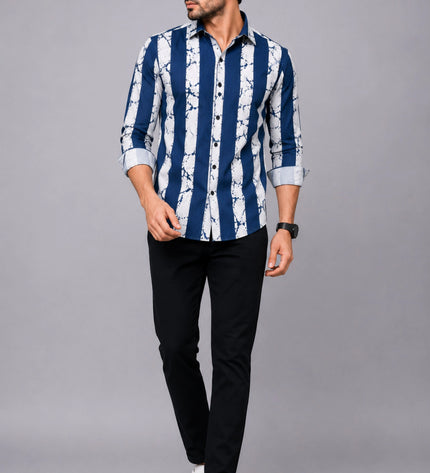 Men's Navy Blue & White Abstract Vertical Striped Casual Shirt with Full Sleeves