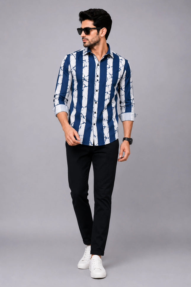 Men's Navy Blue & White Abstract Vertical Striped Casual Shirt with Full Sleeves