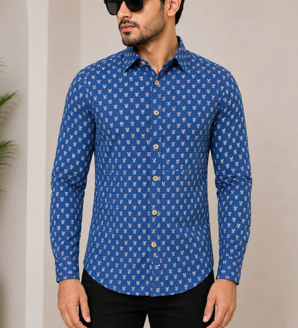 Men's Royal Blue Micro Motif Printed Casual Shirt with Full Sleeves
