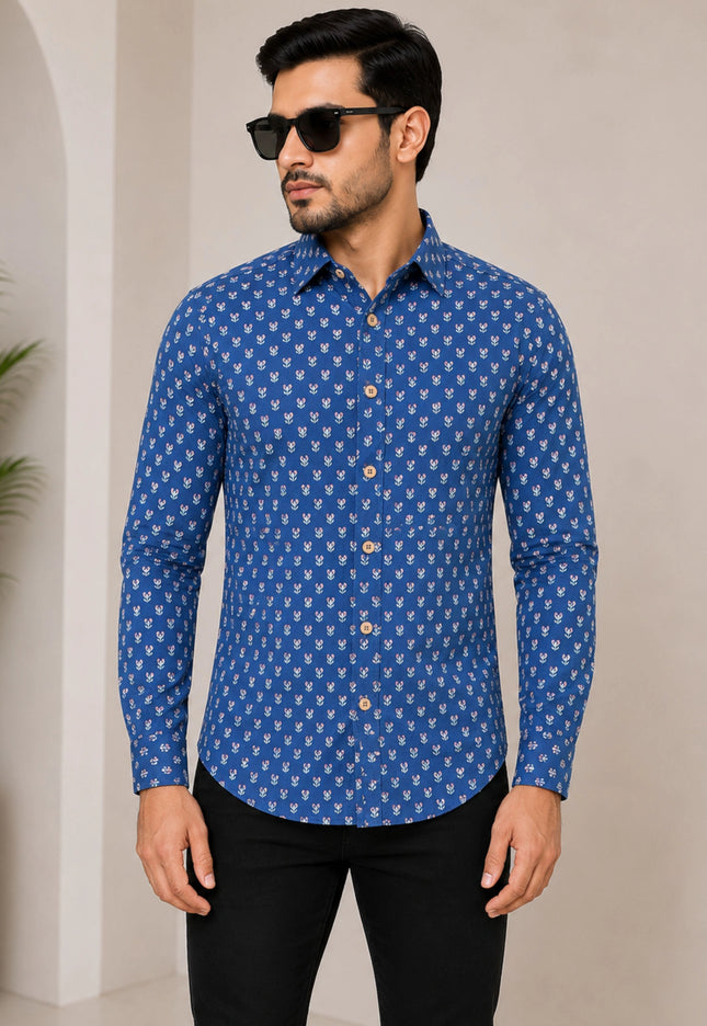 Men's Royal Blue Micro Motif Printed Casual Shirt with Full Sleeves