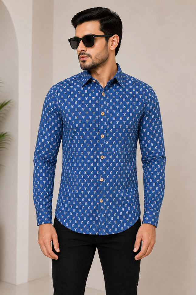Men's Royal Blue Micro Motif Printed Casual Shirt with Full Sleeves
